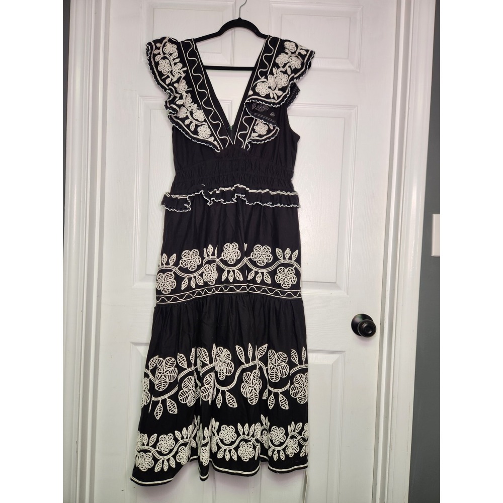Sea NY Women Dress 14 Black/white Beck Embroidery Flutter Sleeve V Neck Midi NWT
